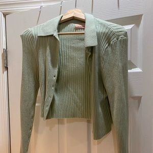 Mint Green Urban Outfitters Ribbed Button-Front Cropped Sweater